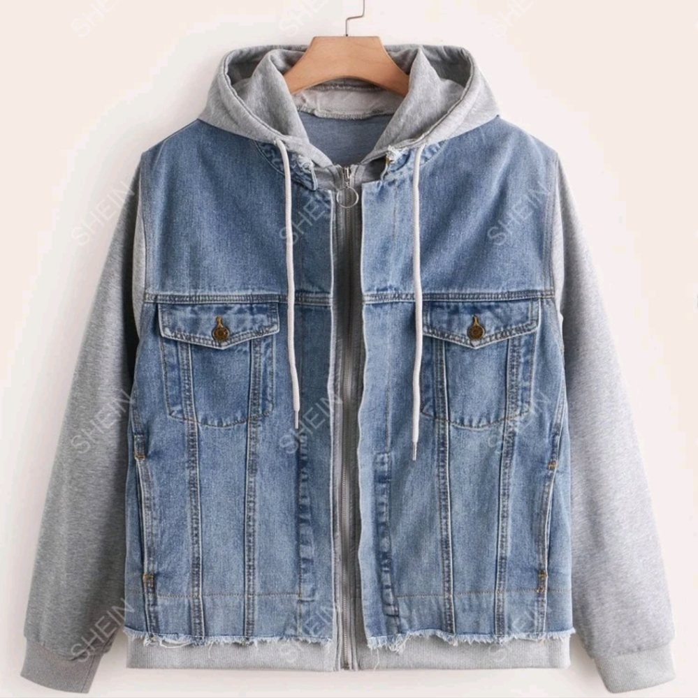 Denim and grey knit hoodie coat